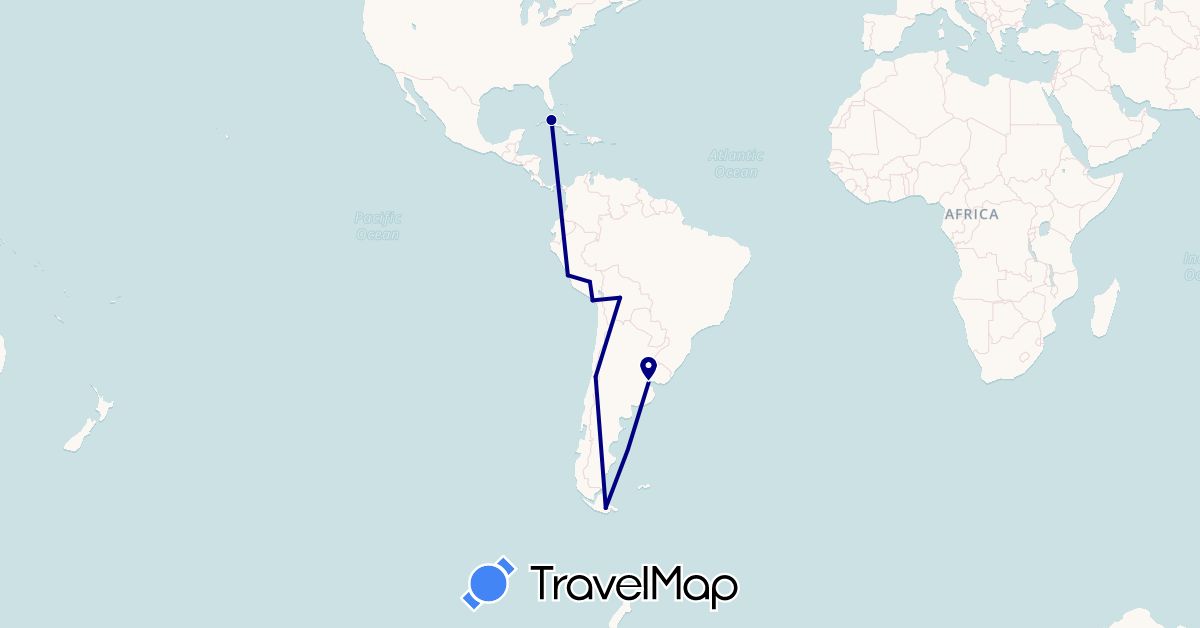 TravelMap itinerary: driving in Argentina, Bolivia, Chile, Cuba, Peru (North America, South America)